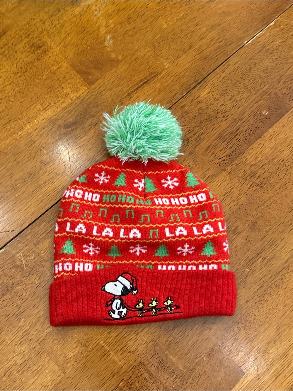 Peanuts Red Holiday Pom Pom Beanie with Green Pom